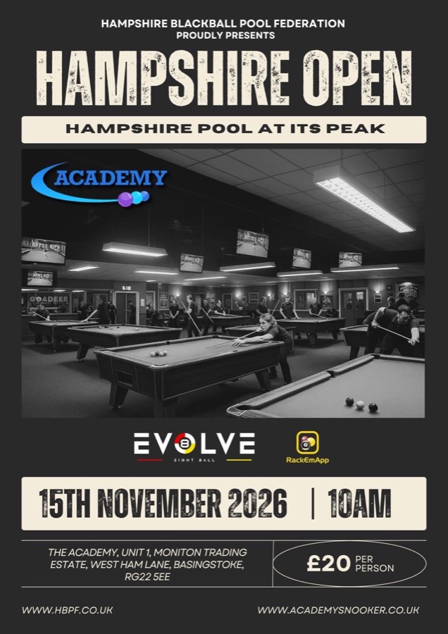 Hampshire Open poster for 15 November 2026 at The Academy, Basingstoke, presented with Evolve Eight Ball and HBPF