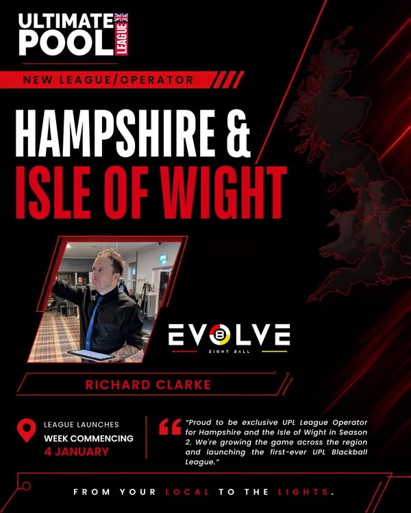 Ultimate Pool League announcement naming Richard Clarke of Evolve Eight Ball as new operator for Hampshire and the Isle of Wight